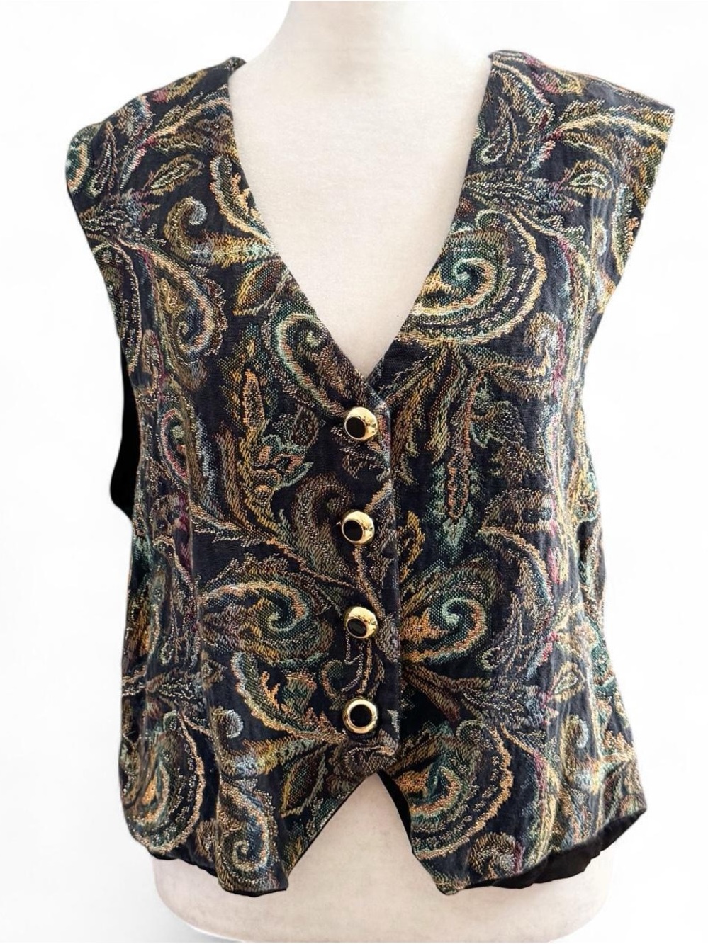 Vintage Tapestry Brocade Vest | Gold Metallic Paisley Print | Fits XL